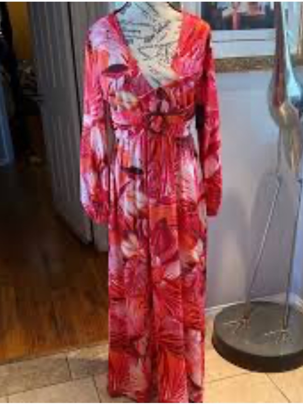 Boston Proper Tropical Palm Print Maxi Dress Tortoise O-Ring V-Neck Pink M